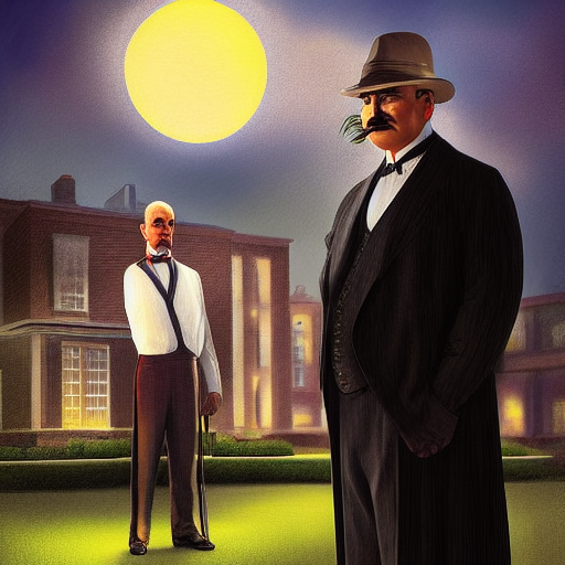 Poirot standing in the hotel's garden, facing the killer with a stern expression as the sun sets behind him.